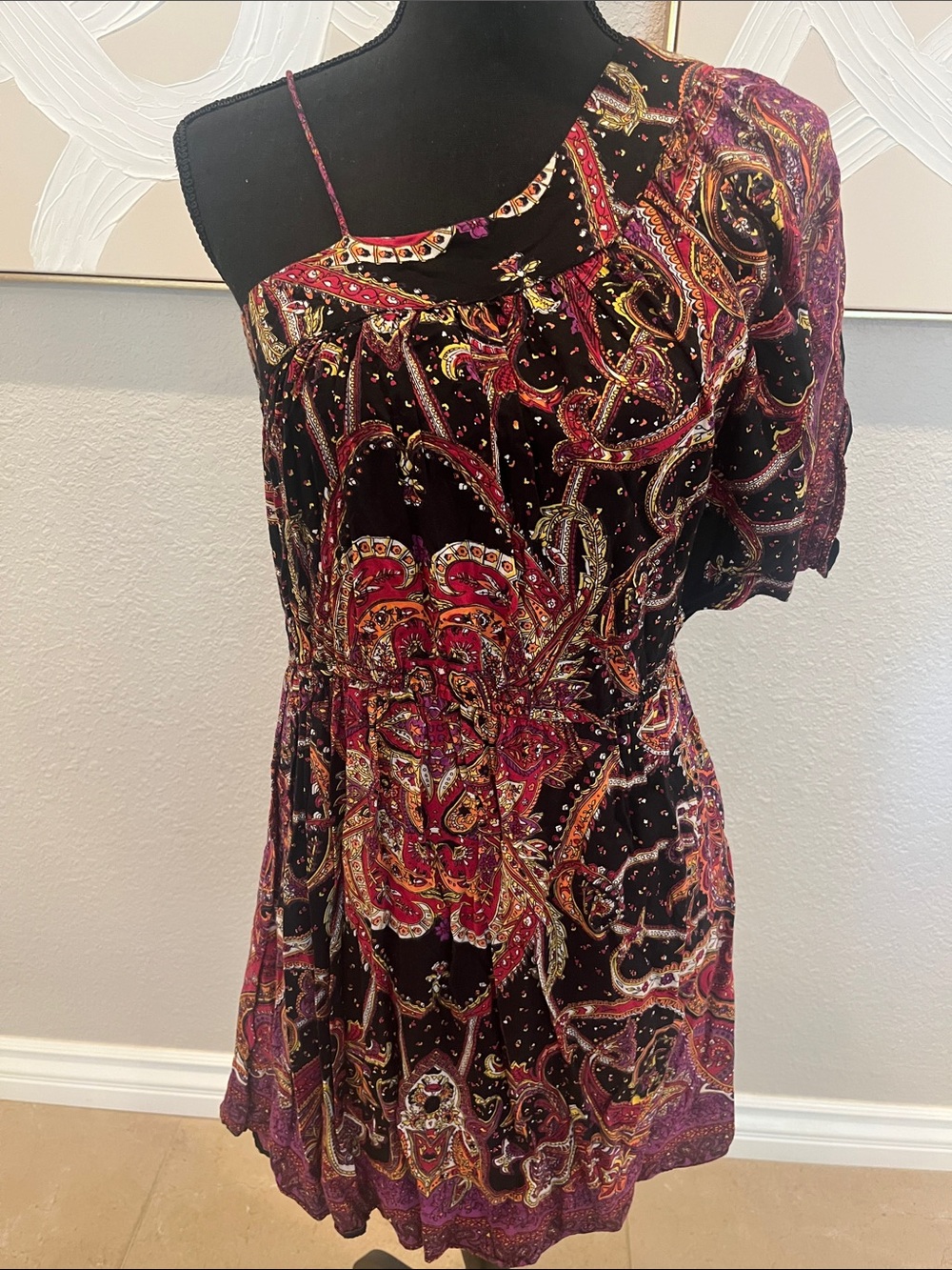Angie One-Shoulder Paisley Print Dress - Black & Pink